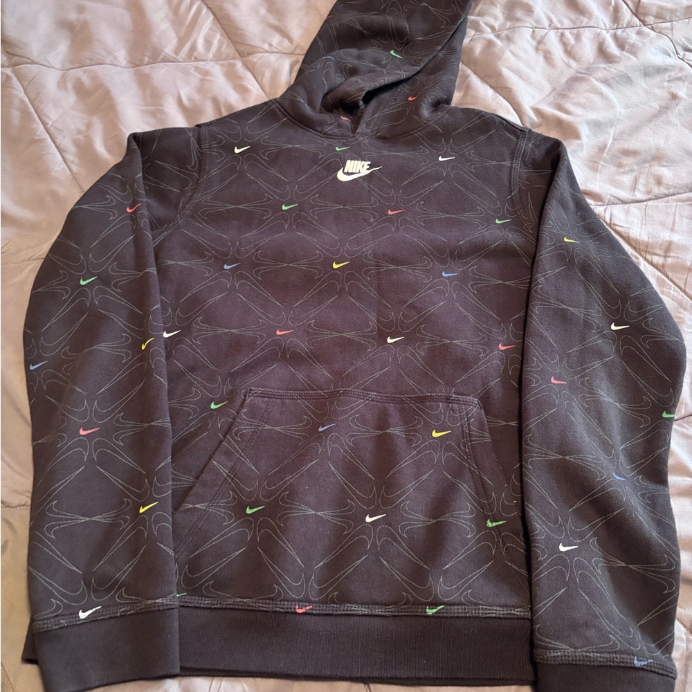 Nike Dark Hoodie with Colorful Swooshes